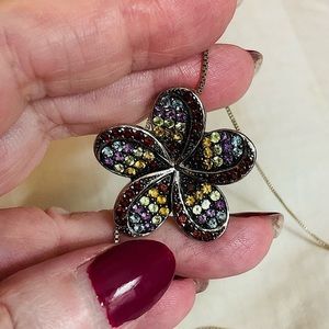 Pendant contemporary floral motif multi+gemstones with Silver Chain all occasion